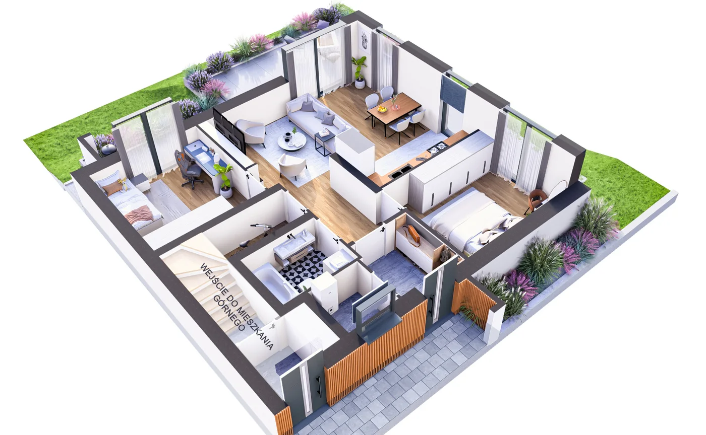 Widok 3D apartamentu jednopoziomowego