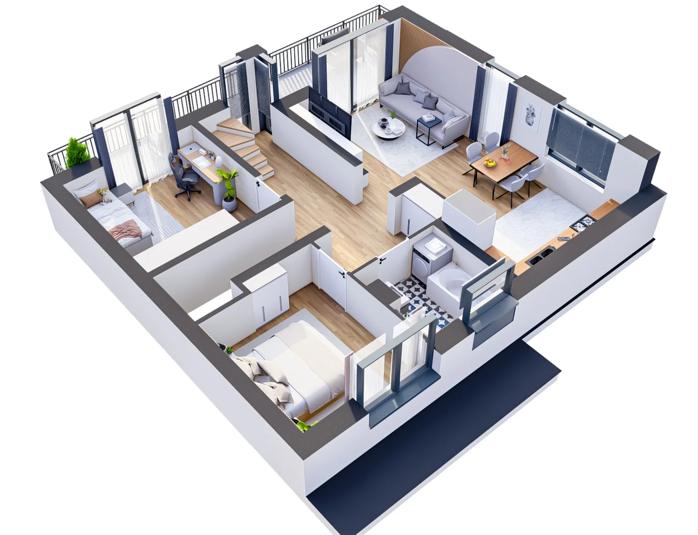 Widok 3D piętra apartamentu dwupoziomowego
