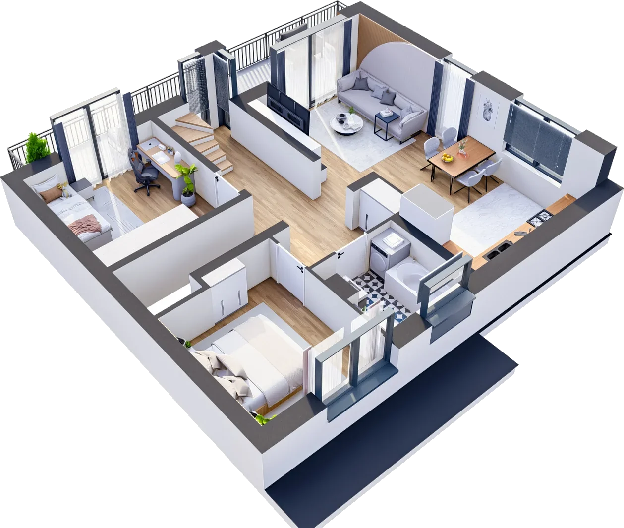 Widok 3D apartamentu 1B