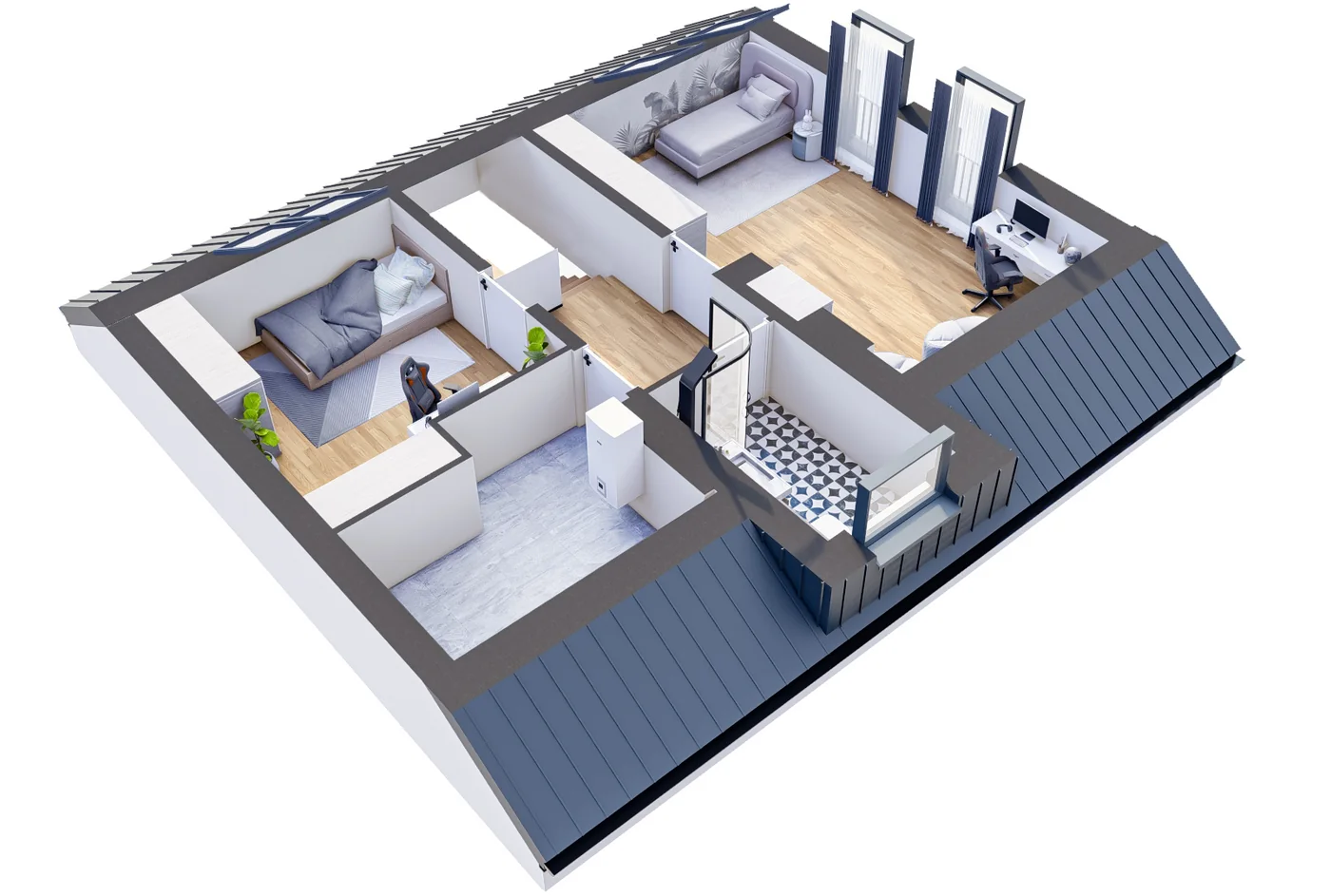 Widok 3D poddasza apartamentu dwupoziomowego