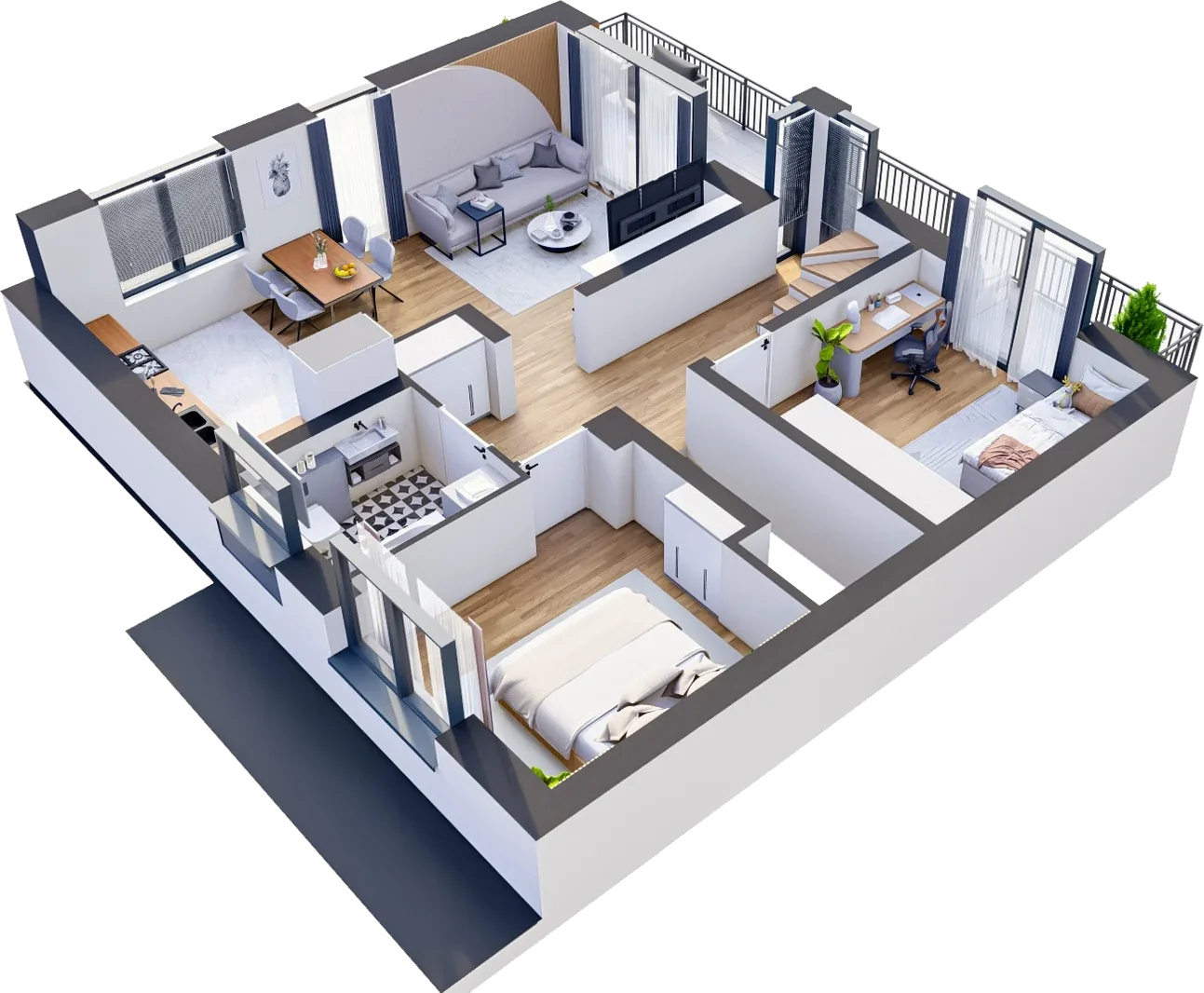 Widok 3D apartamentu 2B